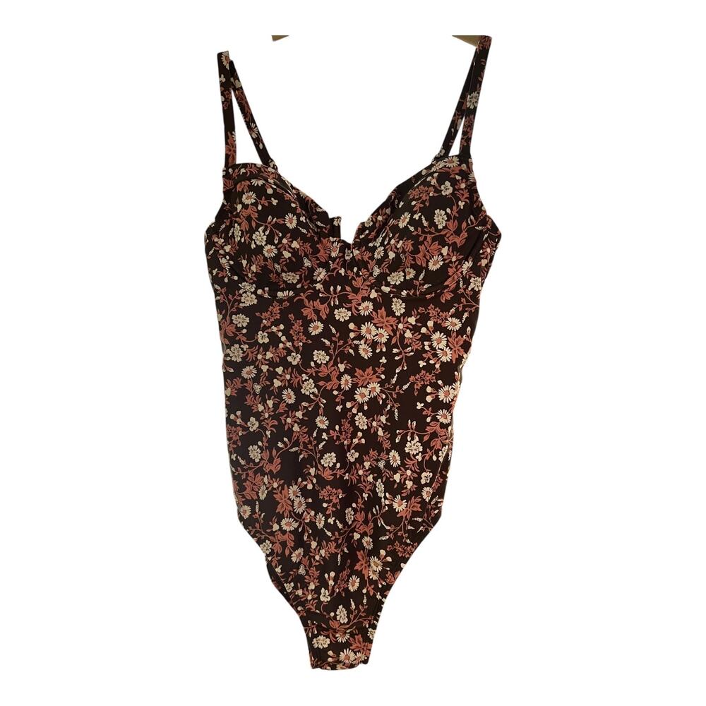 Kona Sol Size Medium Brown & Pink Floral One-Piece Swimsuit Built-In Bra NWT